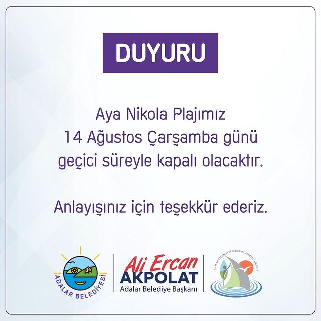 Aya Nikola Plajı, 14 Ağustos'ta Kapalı Olacak