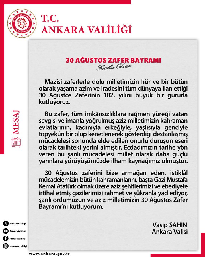 Vali Vasip Şahin'den 30 Ağustos Mesajı: Türk Milleti Zaferlerle Maziden Geleceğe Umudu Taşıyor