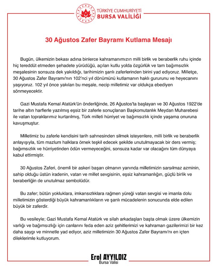 Vali Erol Ayyıldız'dan 30 Ağustos Zafer Bayramı Kutlama Mesajı