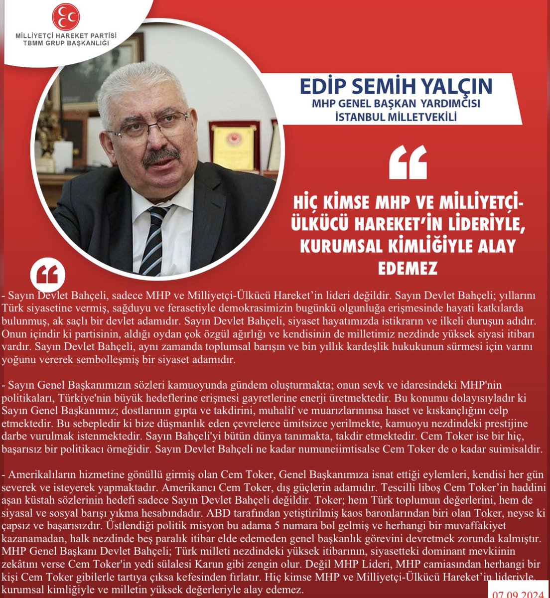 MHP Genel Başkan Yardımcısı Prof. Dr. Semih Yalçın: 