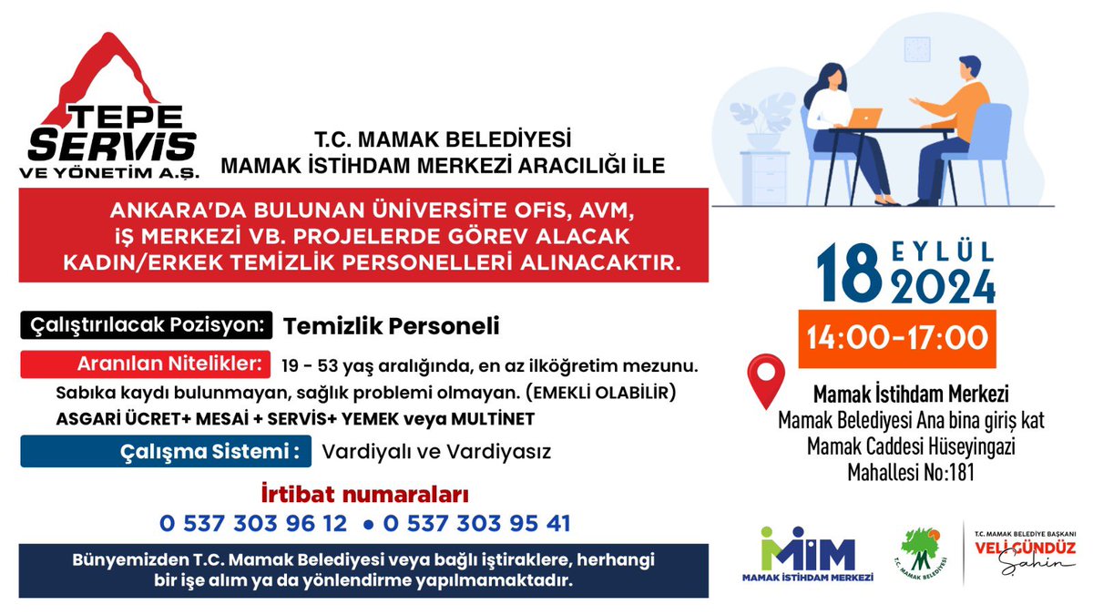 Mamak İstihdam Merkezi, Tepe Servis Bünyesinde Temizlik Personeli Alımı Başlattı