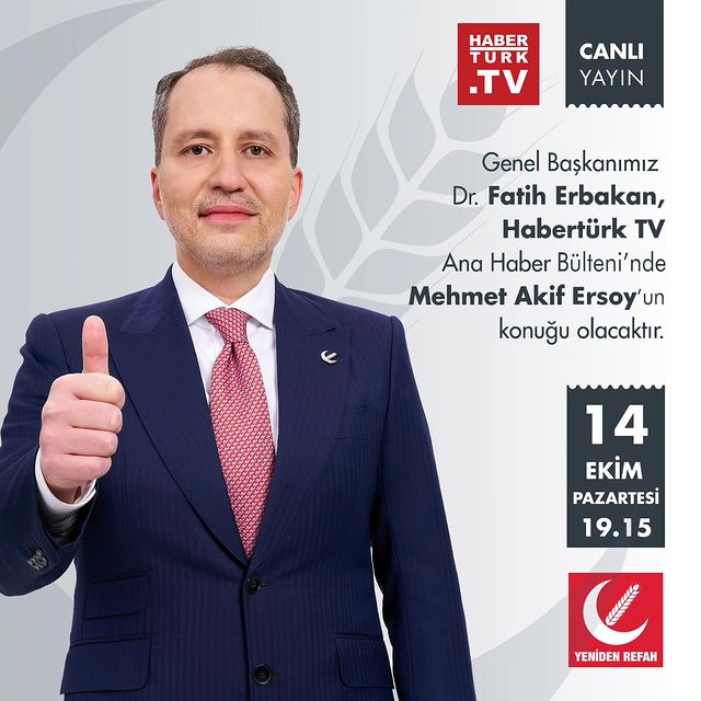 Yeniden Refah Partisi Genel Başkanı Dr. Fatih Erbakan, Habertürk TV Ana Haber Bülteni'nde Konuk Olacak