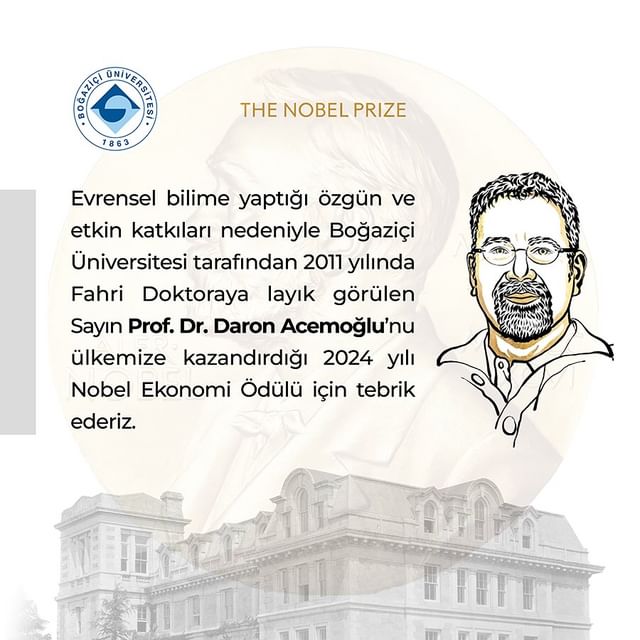 Boğaziçi Üniversitesi, Daron Acemoğlu'nu Nobel Ekonomi Ödülü ile Tebrik Etti