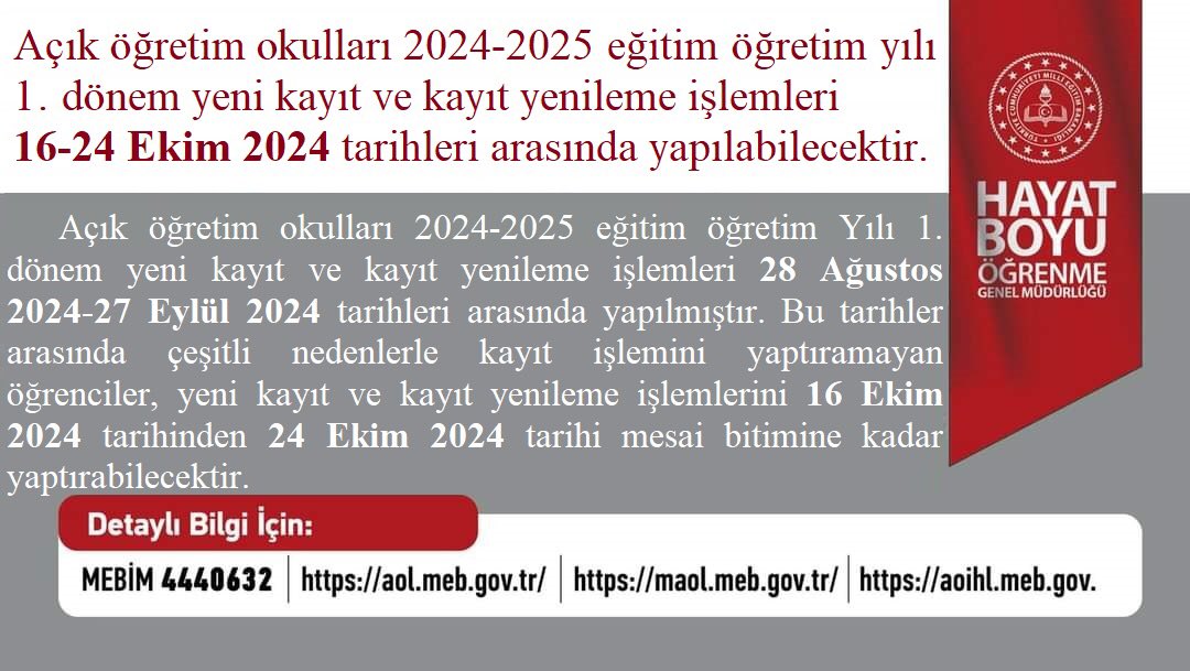 Açık Öğretim Okulları için 2024-2025 Eğitim Öğretim Yılı 1. Dönem Kayıt İşlemleri Başladı