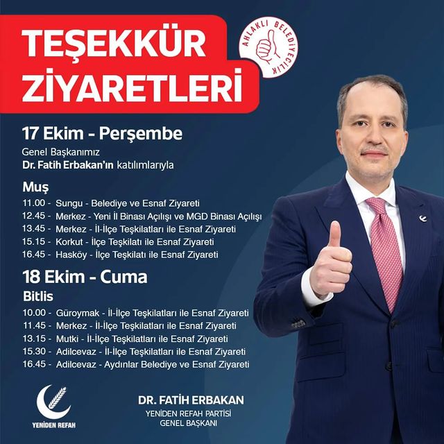 Yeniden Refah Partisi Genel Başkanı Dr. Fatih Erbakan Muş ve Bitlis'i Ziyaret Edecek