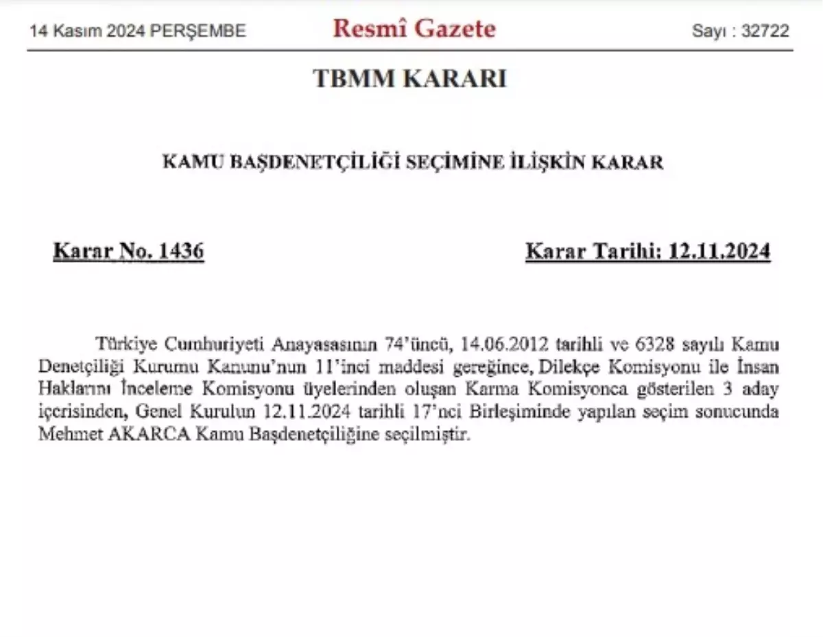 TBMM, Mehmet Akarca'yı Kamu Başdenetçisi Olarak Seçti